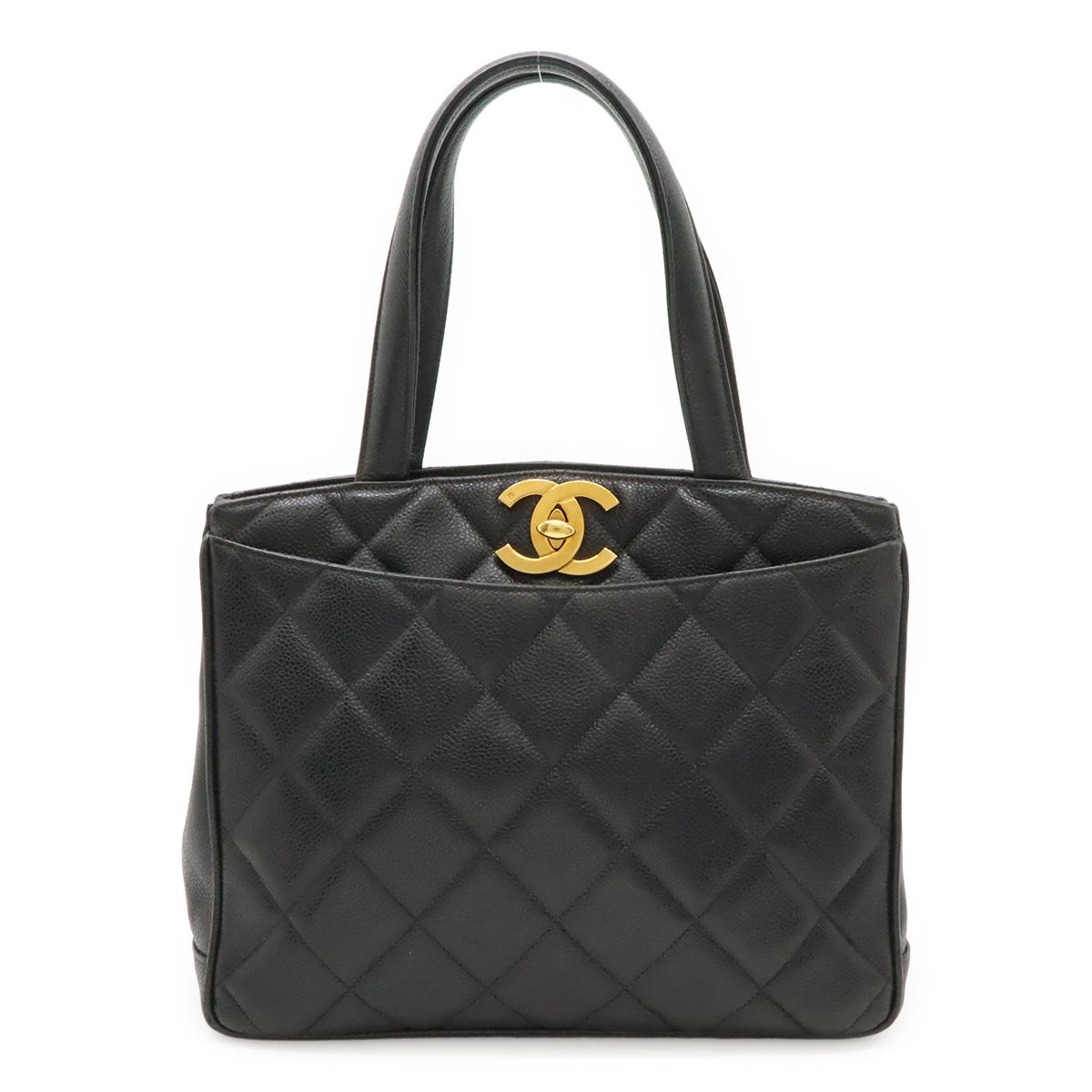 Chanel Quilted CC Logo Tote Caviar Leather Black Gold