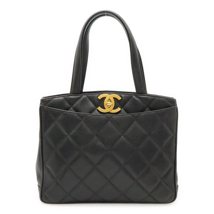 Chanel Quilted CC Logo Tote Caviar Leather Black Gold