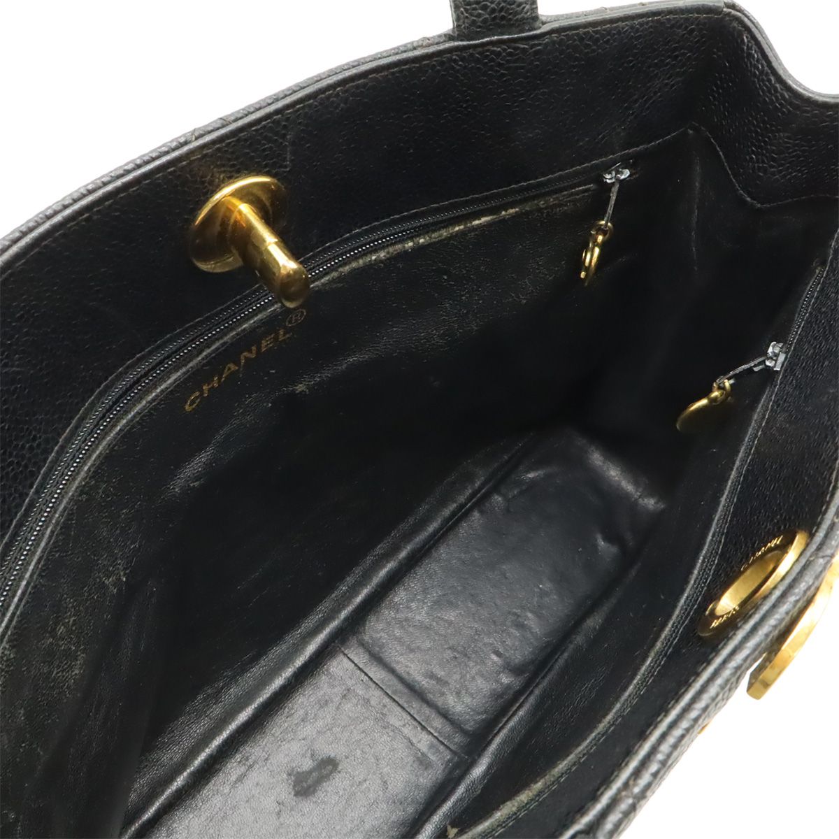 Chanel Quilted CC Logo Tote Caviar Leather Black Gold — view 6