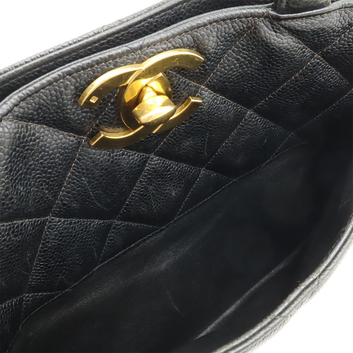 Chanel Quilted CC Logo Tote Caviar Leather Black Gold — view 7