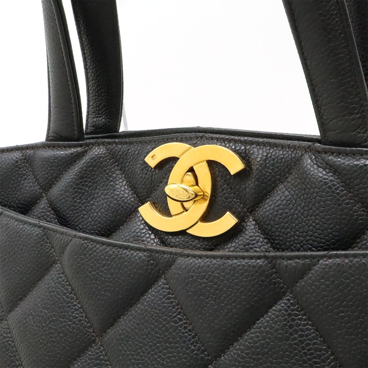 Chanel Quilted CC Logo Tote Caviar Leather Black Gold — view 9