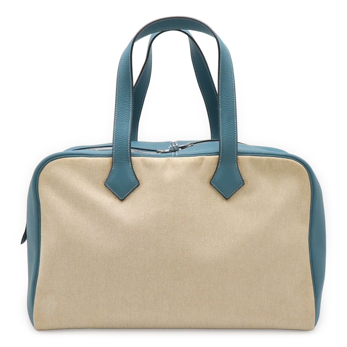 Hermes Victoria 43 Boston Bag Travel Purse Toile H Taurillon Clemence Blue