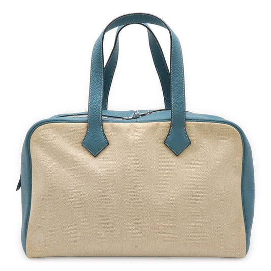 Hermes Victoria 43 Boston Bag Travel Purse Toile H Taurillon Clemence Blue