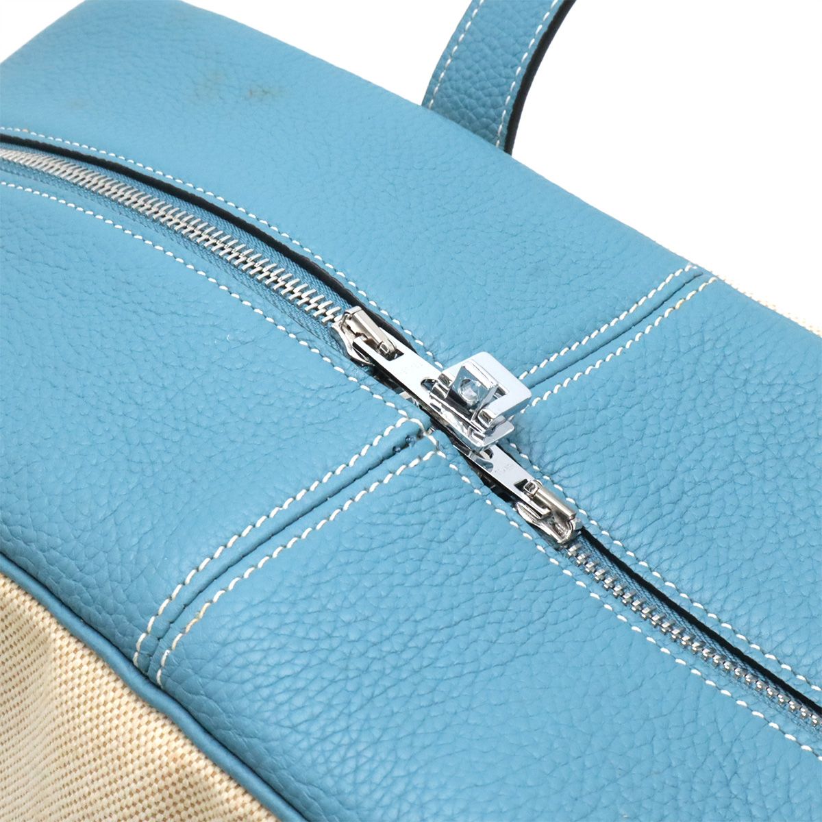 Hermes Victoria 43 Boston Bag Travel Purse Toile H Taurillon Clemence Blue — view 4