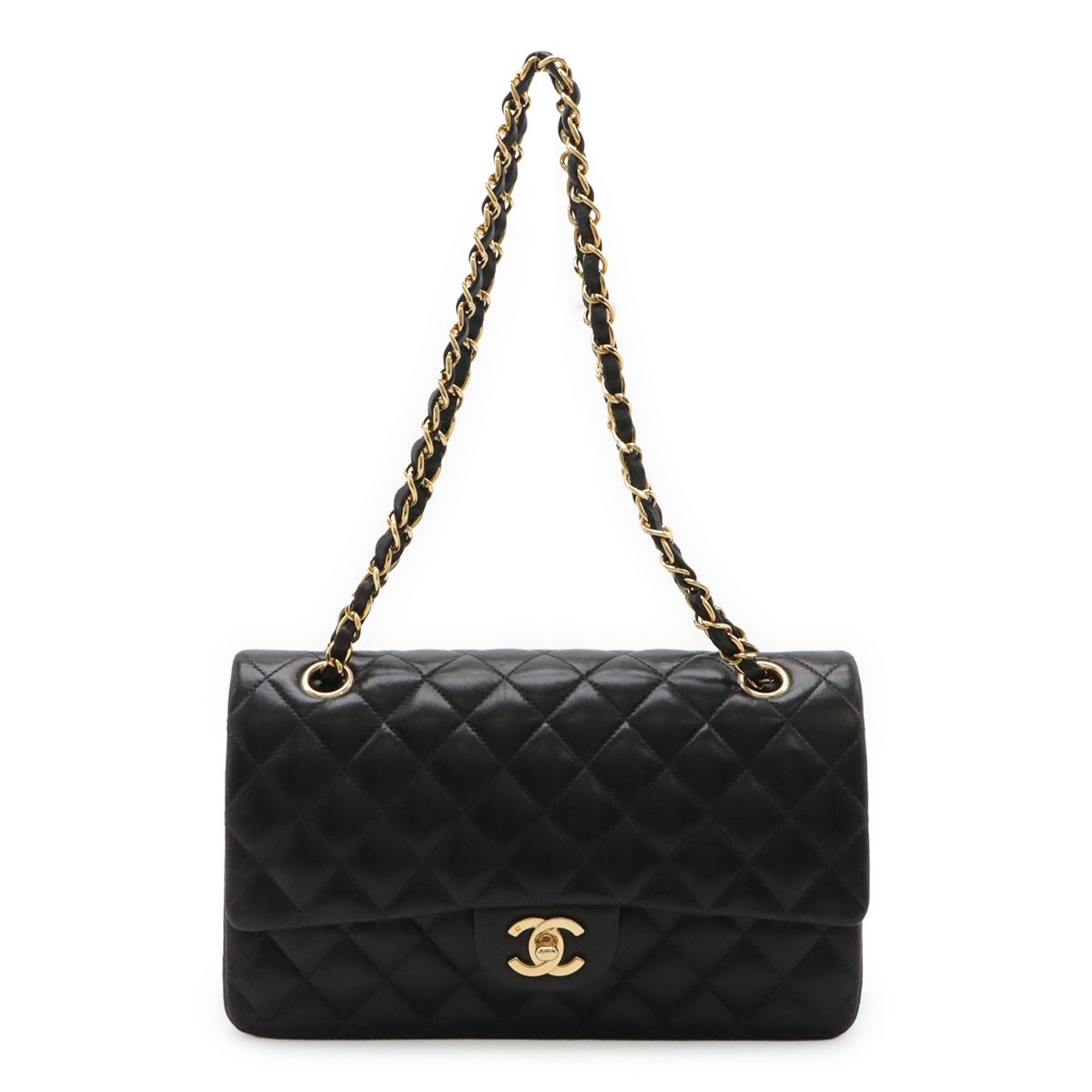 Chanel Quilted 25 CC Logo Chain Shoulder Bag Lambskin Black Gold