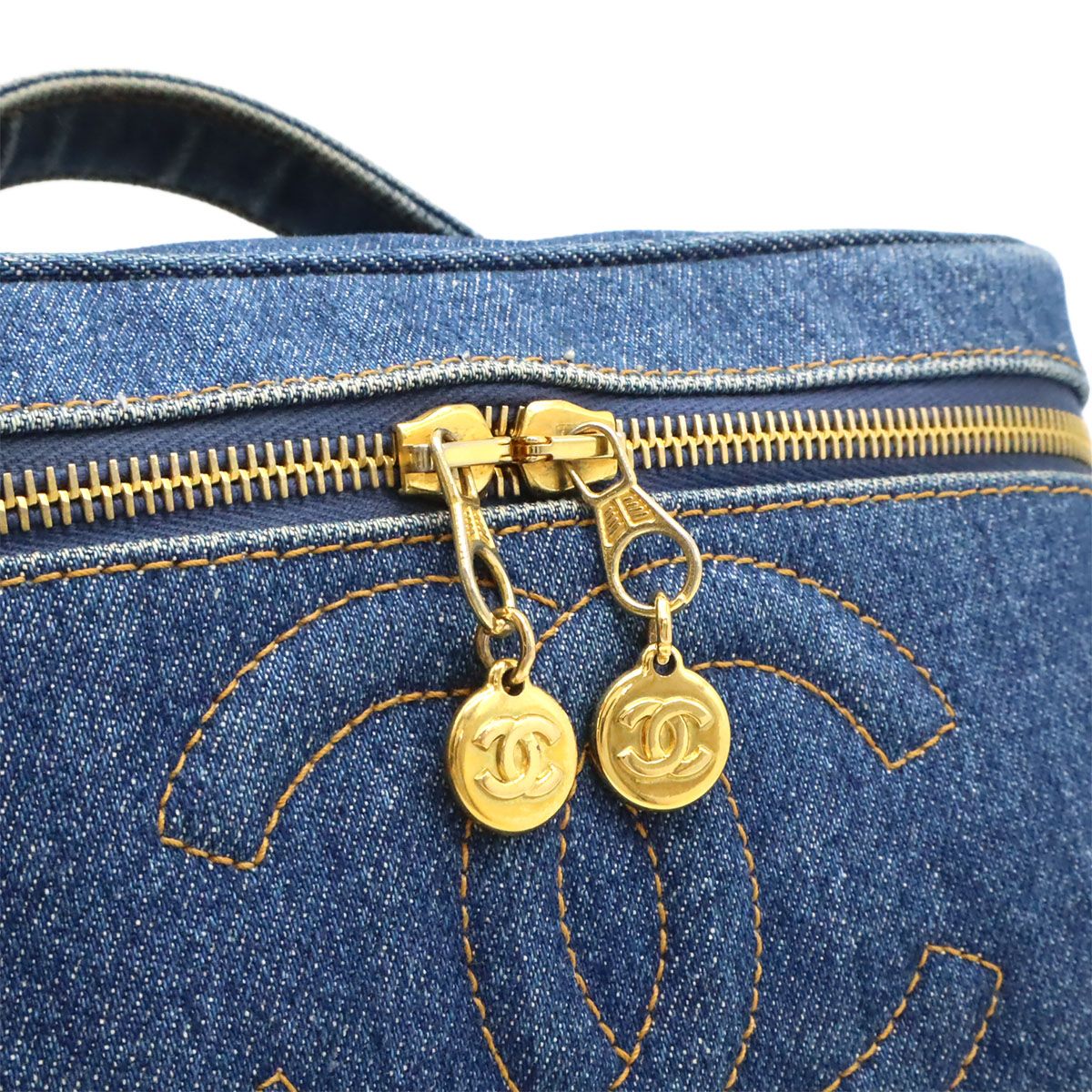 Chanel CC Logo Denim Vanity Handbag Makeup Pouch Blue Indigo Gold — view 6