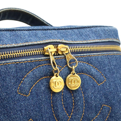 Chanel CC Logo Denim Vanity Handbag Makeup Pouch Blue Indigo Gold — view 6