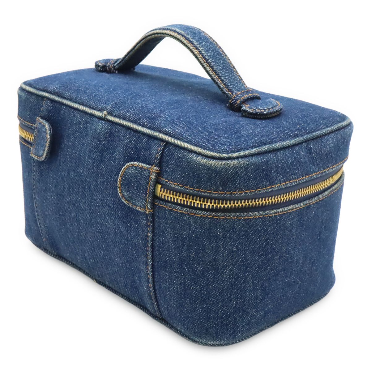 Chanel CC Logo Denim Vanity Handbag Makeup Pouch Blue Indigo Gold — view 2