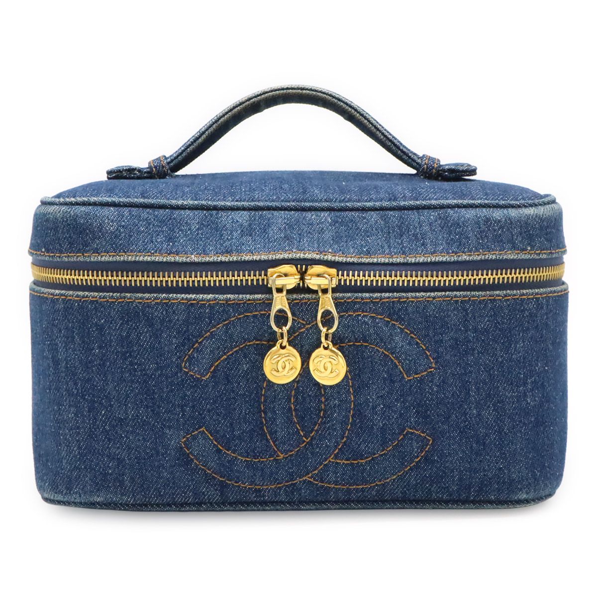 Chanel CC Logo Denim Vanity Handbag Makeup Pouch Blue Indigo Gold