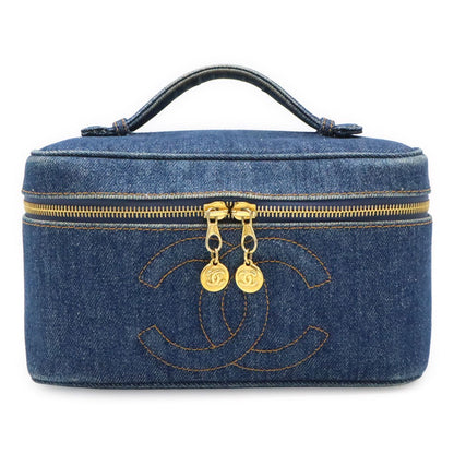 Chanel CC Logo Denim Vanity Handbag Makeup Pouch Blue Indigo Gold
