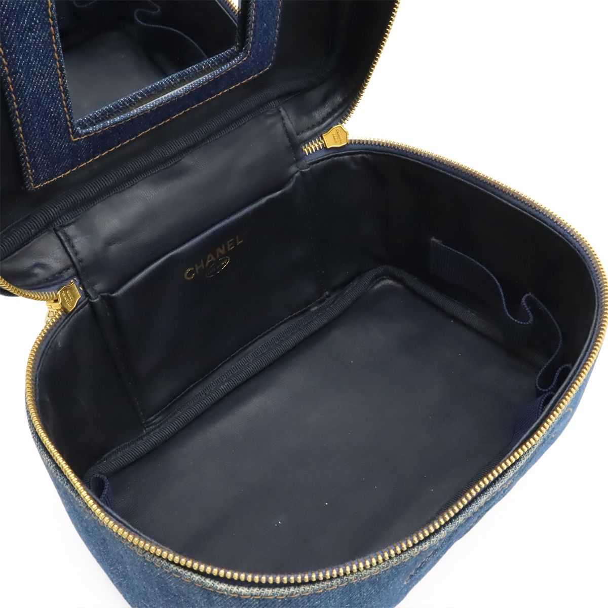 Chanel CC Logo Denim Vanity Handbag Makeup Pouch Blue Indigo Gold — view 7