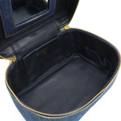 Chanel CC Logo Denim Vanity Handbag Makeup Pouch Blue Indigo Gold — view 7