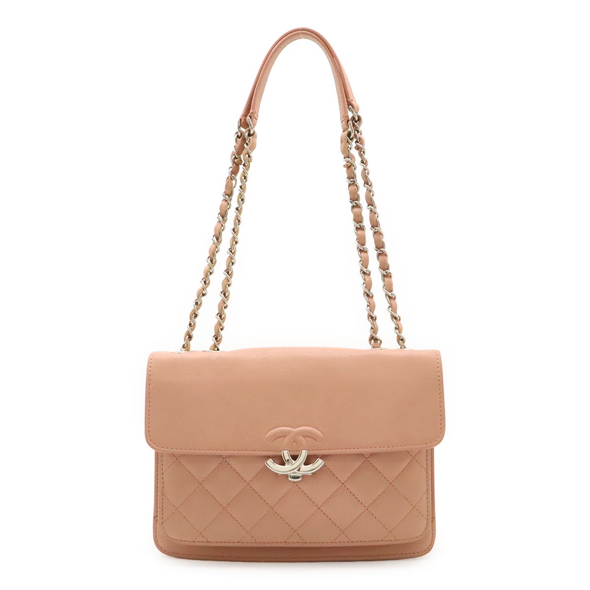 Chanel Half CC Logo Double Chain Shoulder Bag Leather Pink Silver