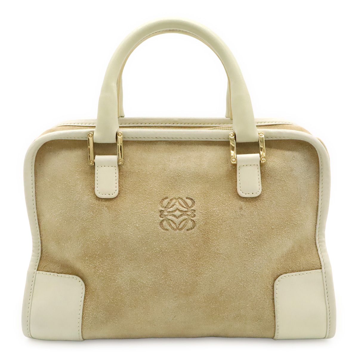 Loewe Amazona 28 Anagram Mini Boston Bag Suede Leather Ivory White Beige Gold