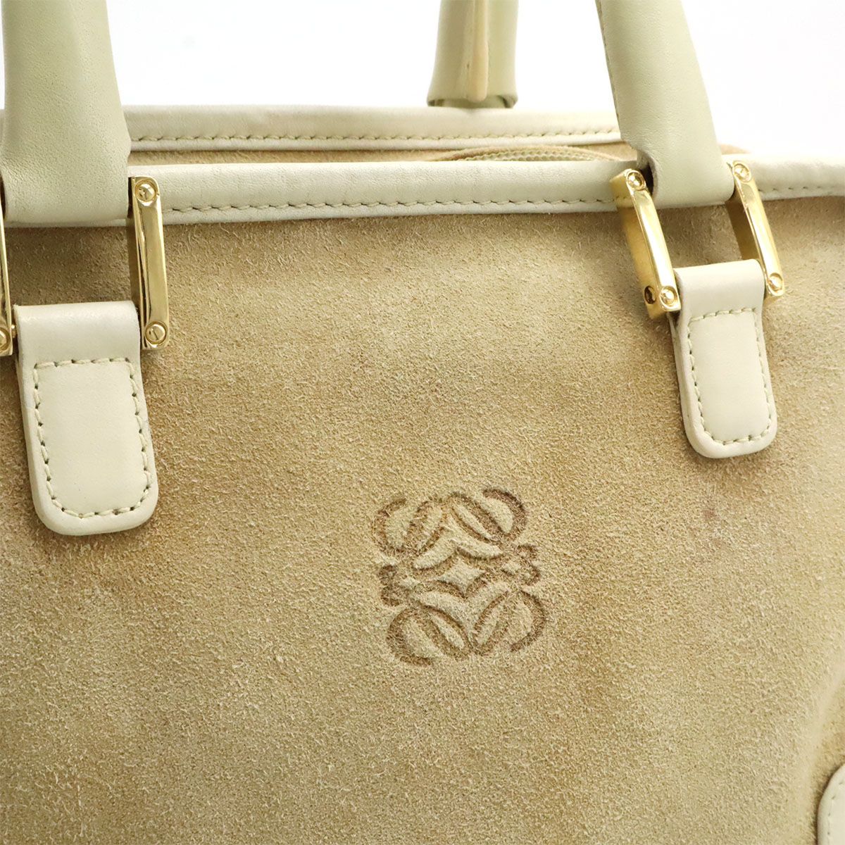 Loewe Amazona 28 Anagram Mini Boston Bag Suede Leather Ivory White Beige Gold — view 9