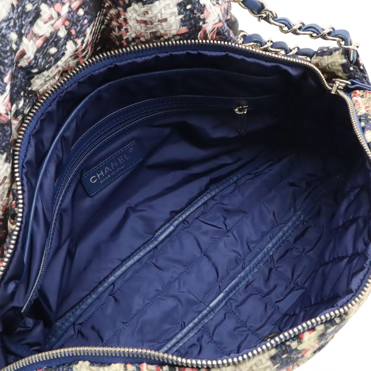 Chanel Tweed Print CC Logo Chain Shoulder Bag Nylon Navy Silver Pouch Out Of — view 7