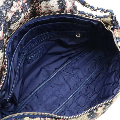 Chanel Tweed Print CC Logo Chain Shoulder Bag Nylon Navy Silver Pouch Out Of — view 7