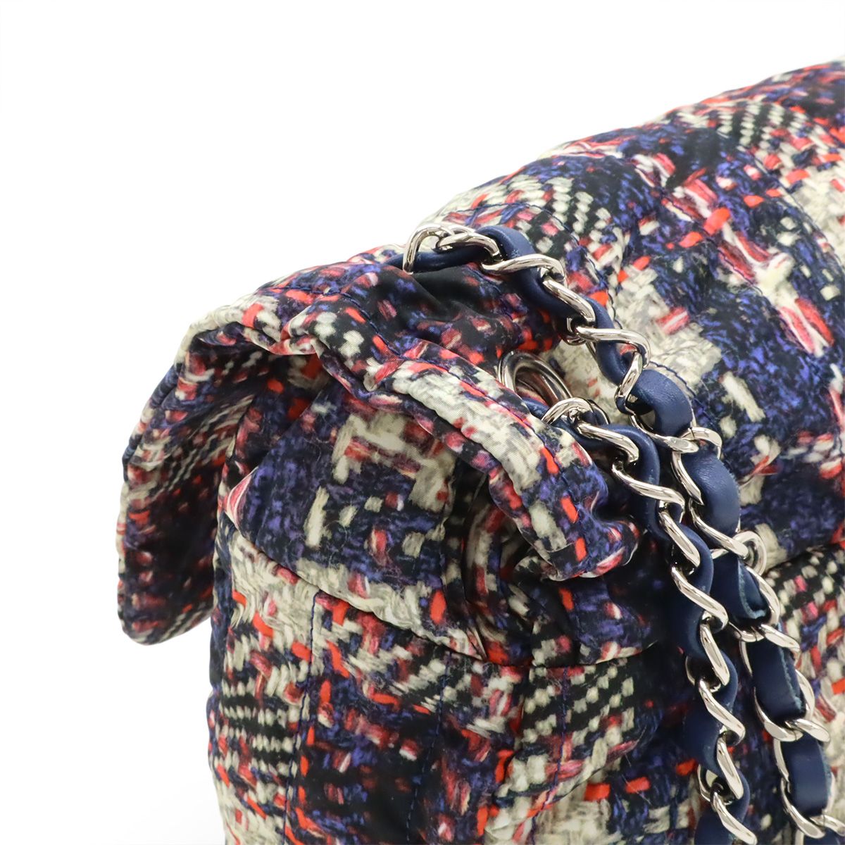 Chanel Tweed Print CC Logo Chain Shoulder Bag Nylon Navy Silver Pouch Out Of — view 4