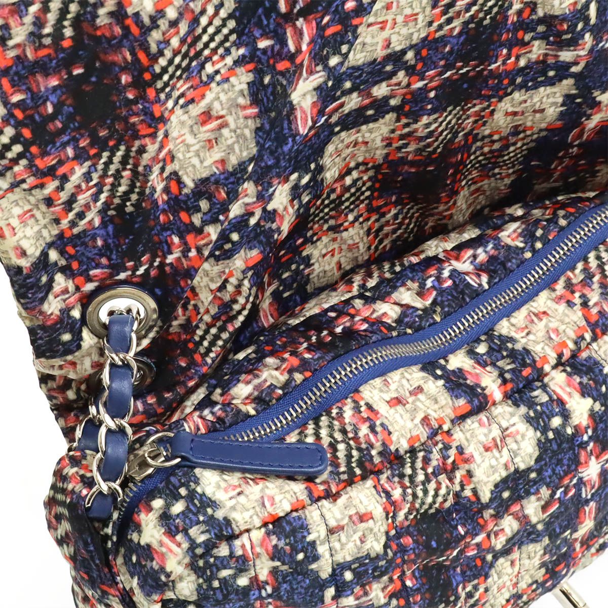 Chanel Tweed Print CC Logo Chain Shoulder Bag Nylon Navy Silver Pouch Out Of — view 6