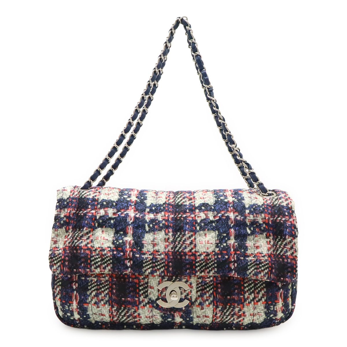 Chanel Tweed Print CC Logo Chain Shoulder Bag Nylon Navy Silver Pouch Out Of