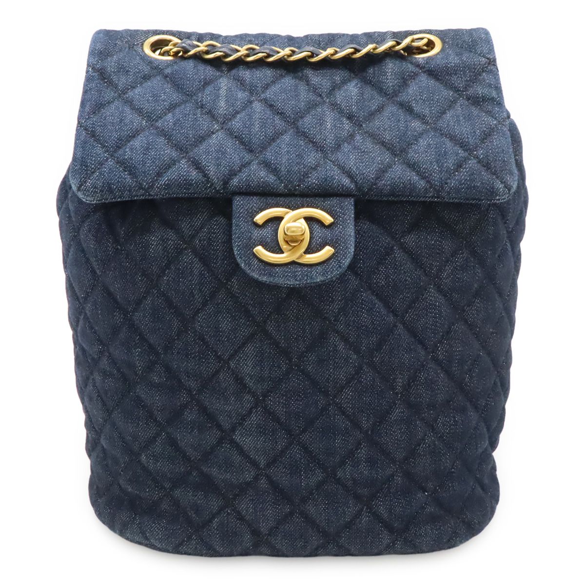 Chanel Quilted CC Logo Chain Shoulder Backpack Denim Leather Navy Gold