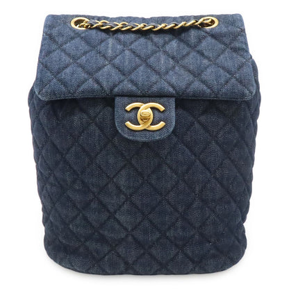 Chanel Quilted CC Logo Chain Shoulder Backpack Denim Leather Navy Gold