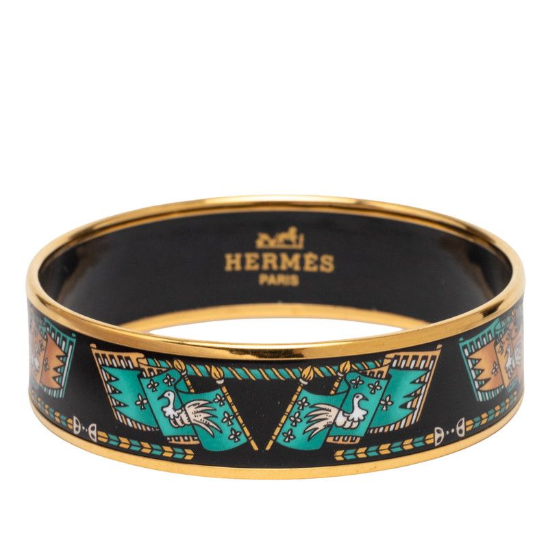 Hermes Enamel GM Cloisonne Bracelet Bangle Gold Black Plated