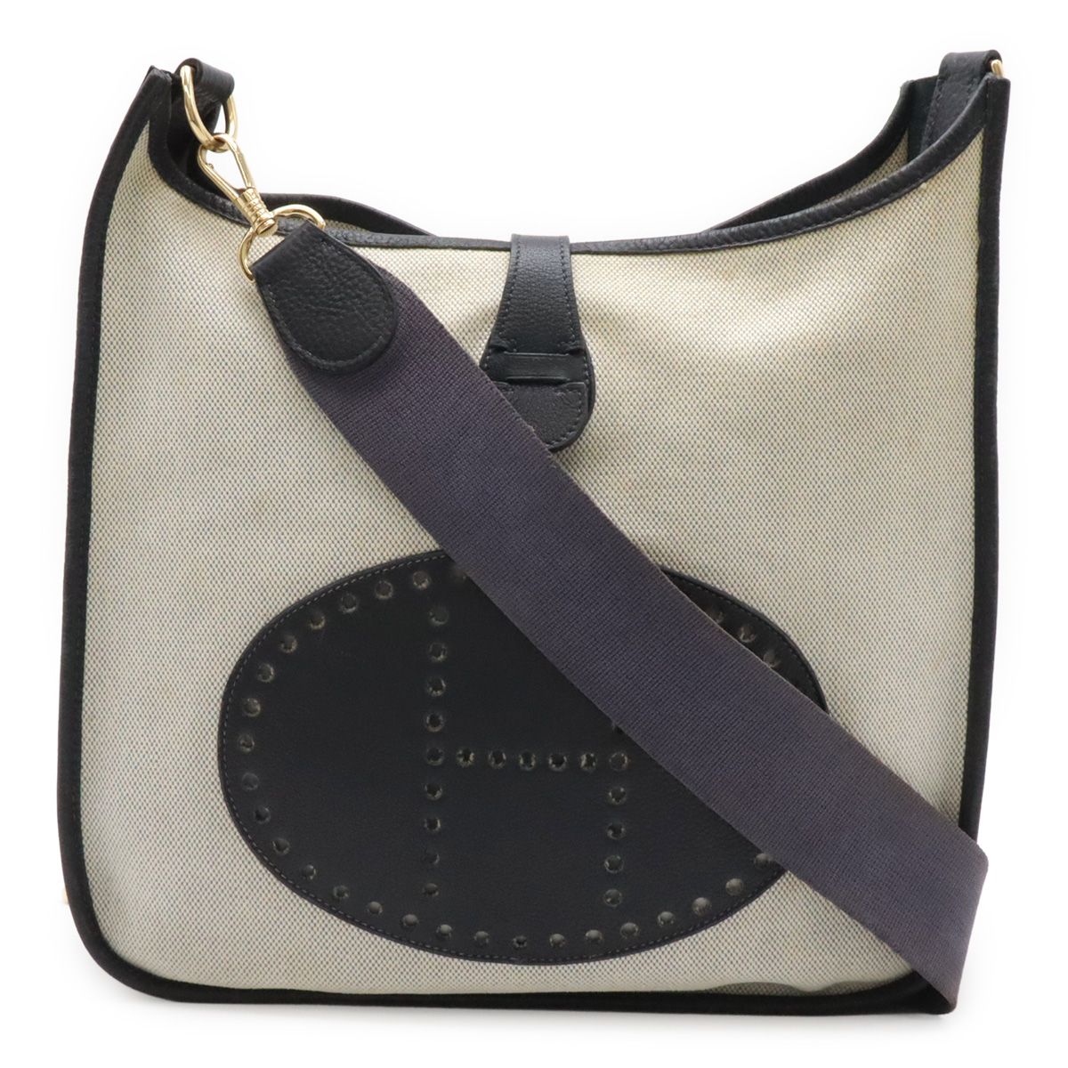 Hermes Evelyne I 1 PM Shoulder Bag Toile H Canvas Natural Navy Silver