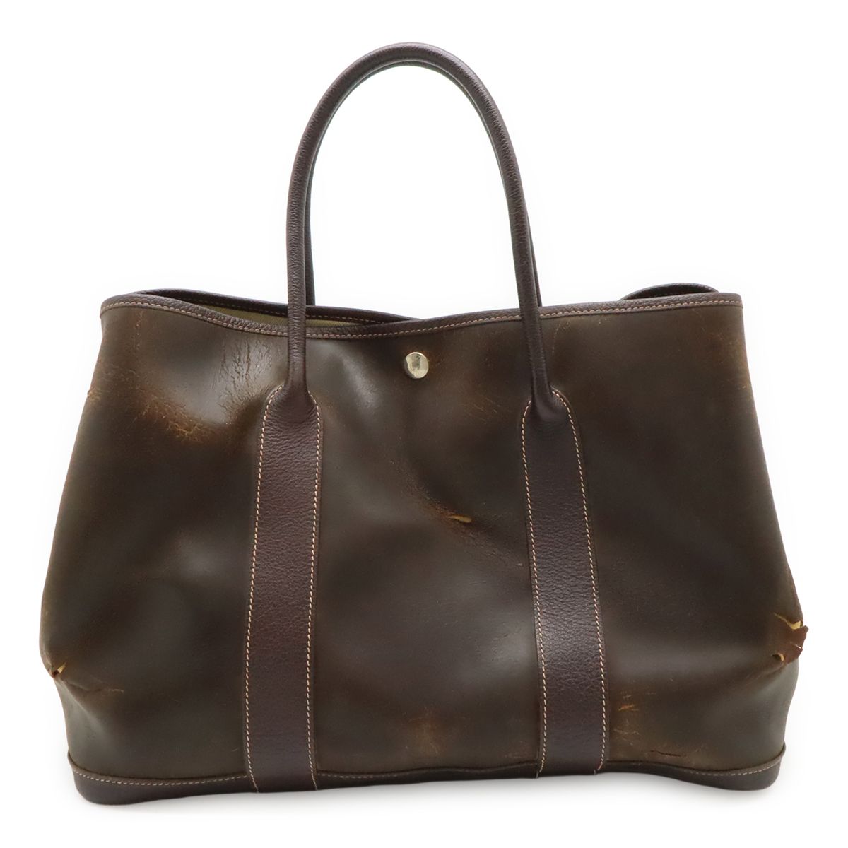 Hermes Garden Party PM Tote Amazonia Leather Dark Brown Silver