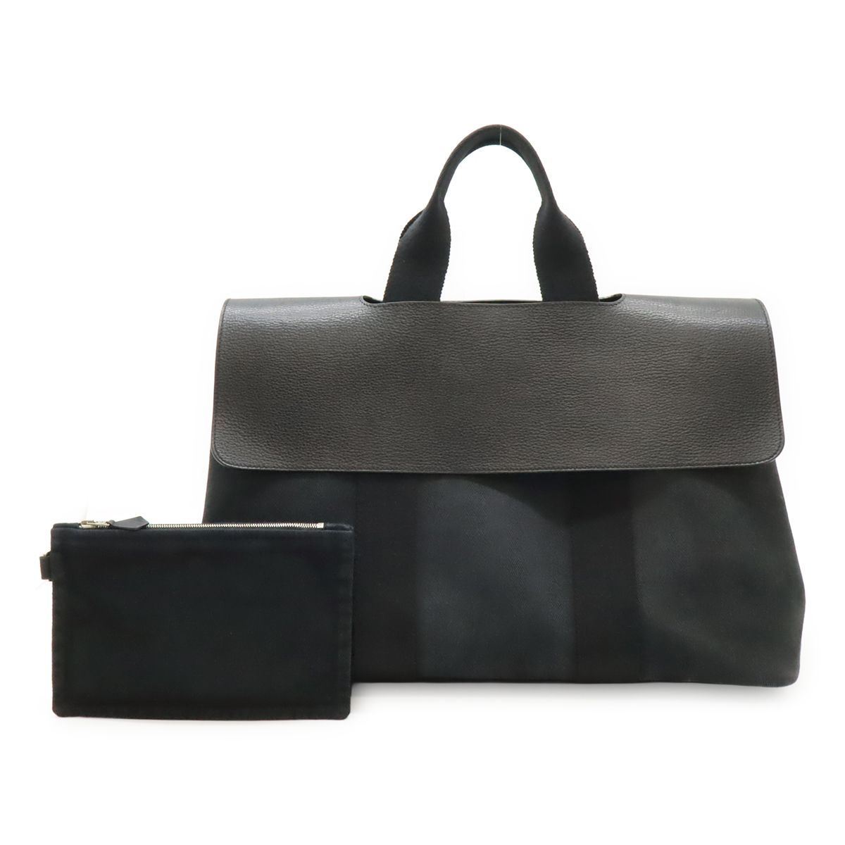 Hermes Valparaiso Tote Toilet Blanc Canvas Leather Black Pouch