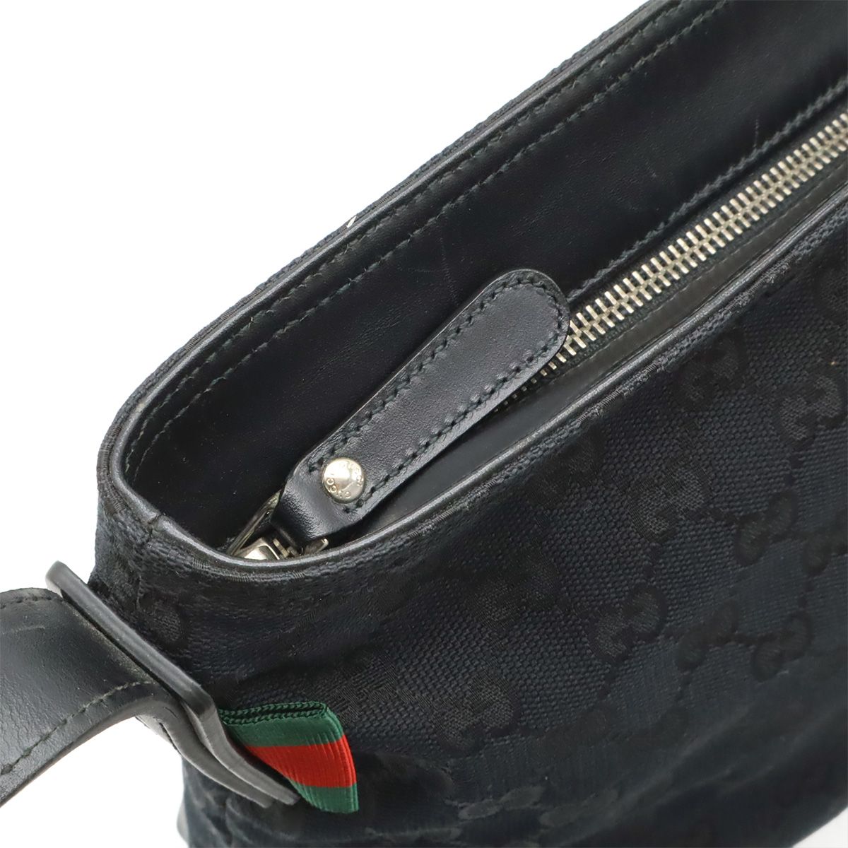Gucci GG Canvas Sherry Line Shoulder Bag Crossbody Leather Black Green — view 6