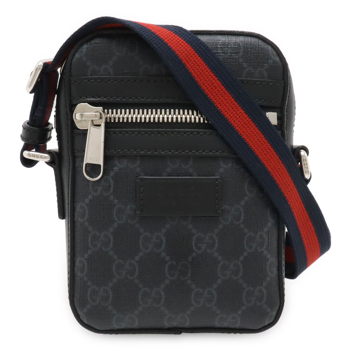 Gucci GG Supreme Web Line Messenger Bag Pochette Leather Black Dark Gray