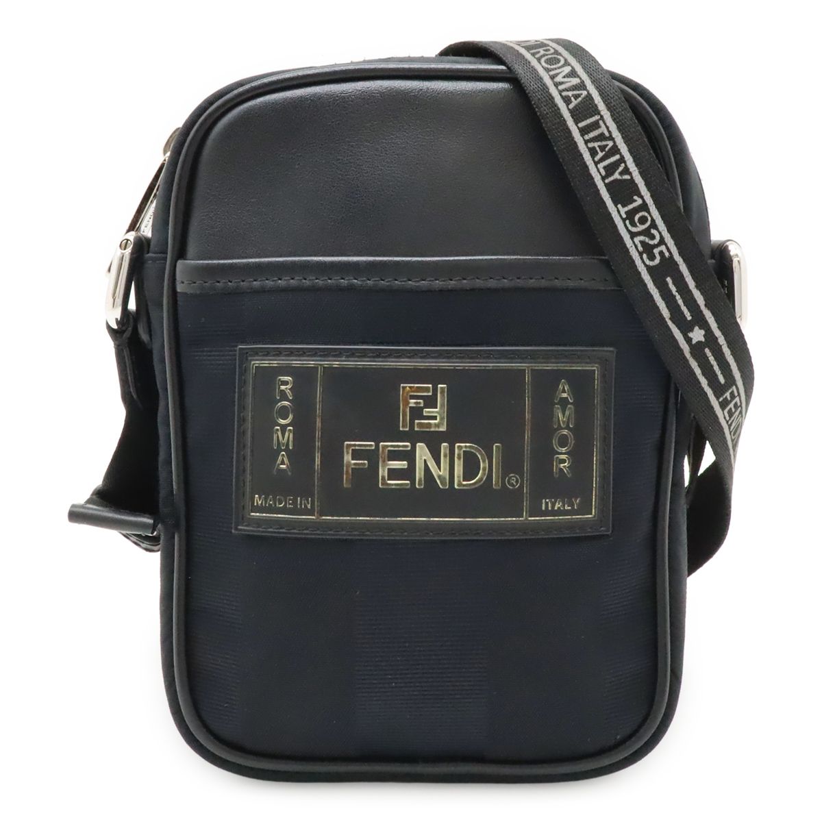 Fendi Pecan Mini Shoulder Bag Pochette Crossbody Nylon Leather Black Silver