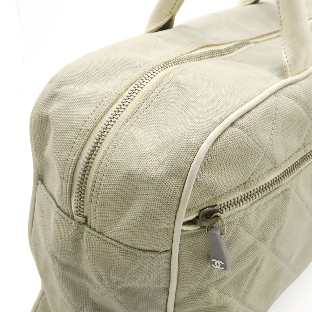 Chanel Sports Line Quilted Logo Mini Boston Bag Canvas Leather Light Gray White — view 4