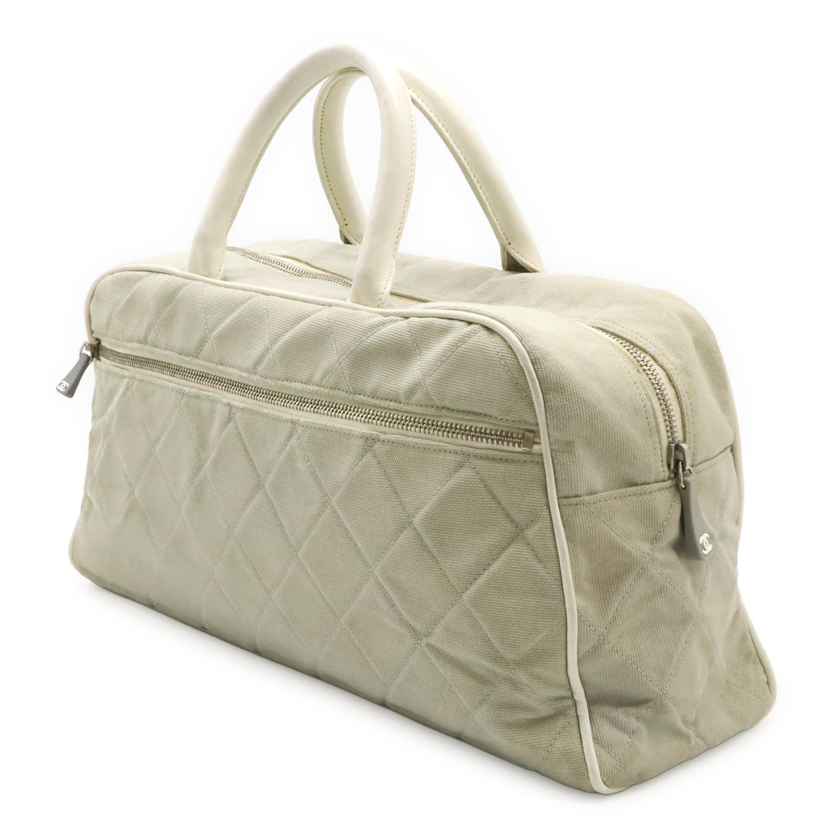 Chanel Sports Line Quilted Logo Mini Boston Bag Canvas Leather Light Gray White — view 2