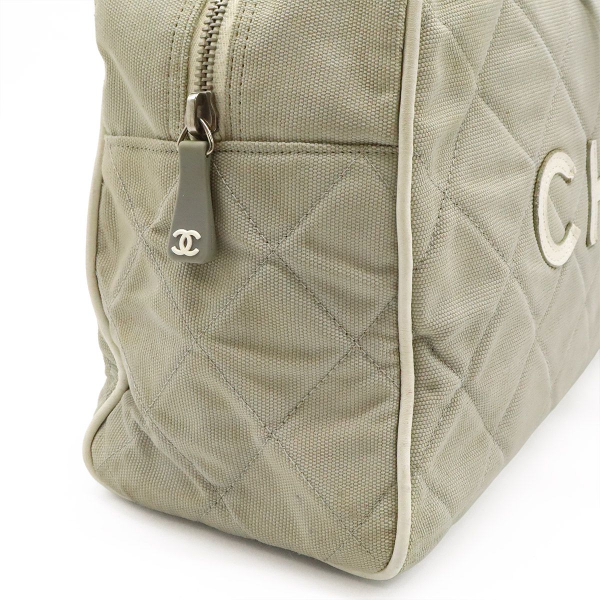 Chanel Sports Line Quilted Logo Mini Boston Bag Canvas Leather Light Gray White — view 6