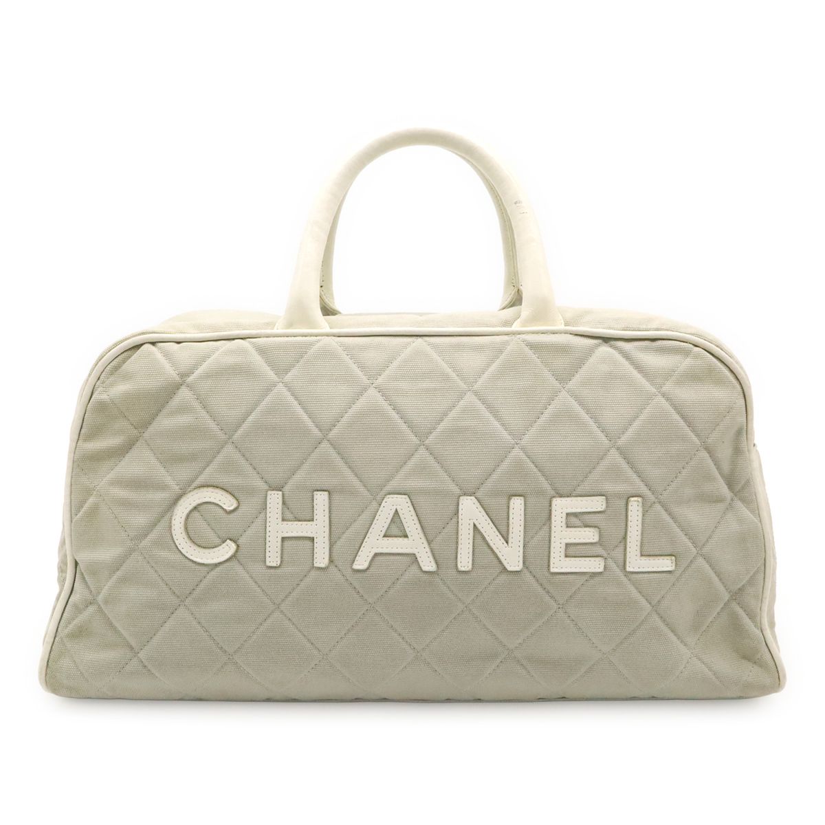 Chanel Sports Line Quilted Logo Mini Boston Bag Canvas Leather Light Gray White