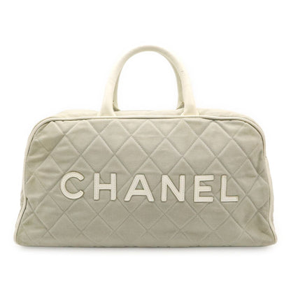 Chanel Sports Line Quilted Logo Mini Boston Bag Canvas Leather Light Gray White