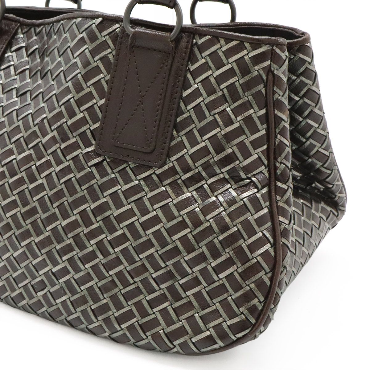 Bottega Veneta Intrecciato Metallic Handbag Leather Dark Brown Silver — view 8