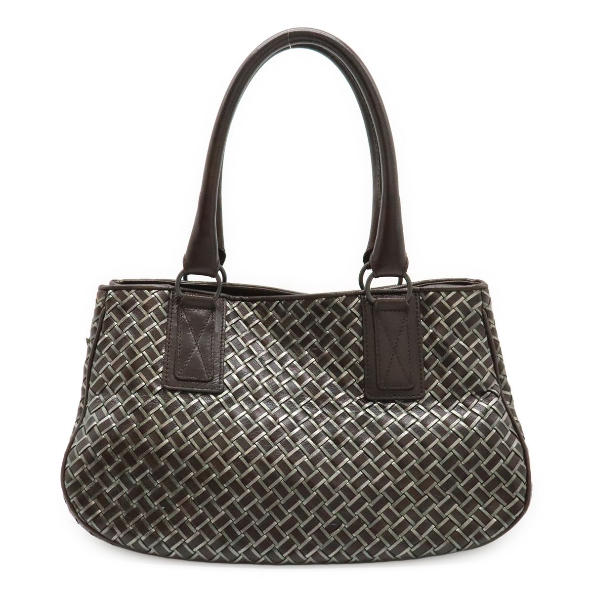 Bottega Veneta Intrecciato Metallic Handbag Leather Dark Brown Silver