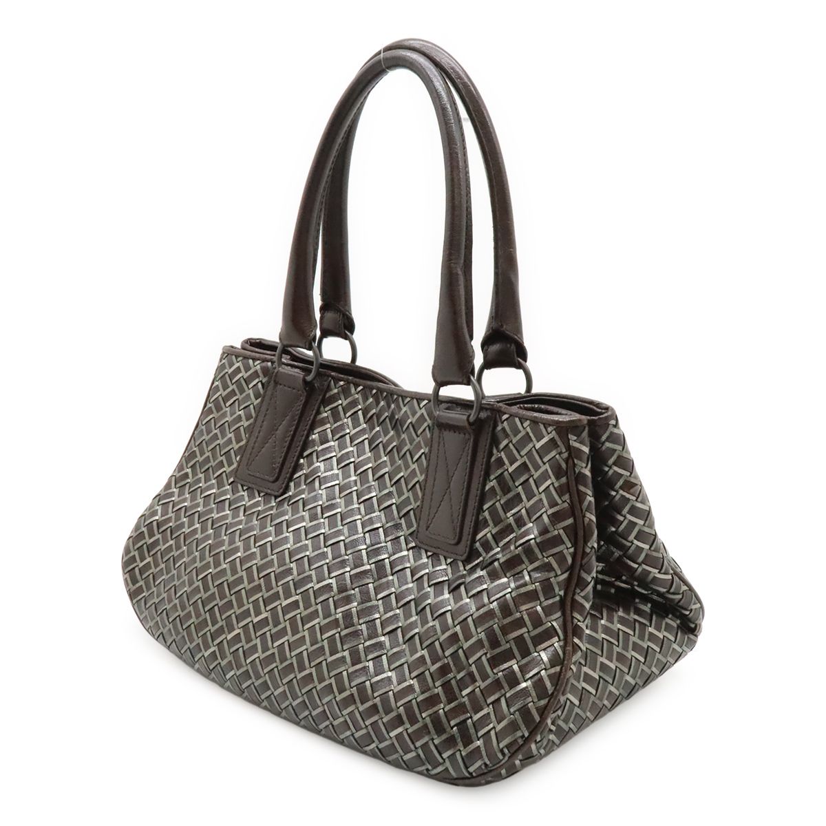 Bottega Veneta Intrecciato Metallic Handbag Leather Dark Brown Silver — view 2
