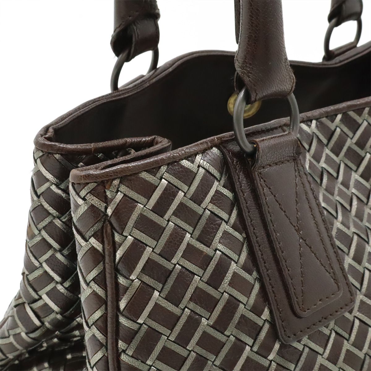Bottega Veneta Intrecciato Metallic Handbag Leather Dark Brown Silver — view 7