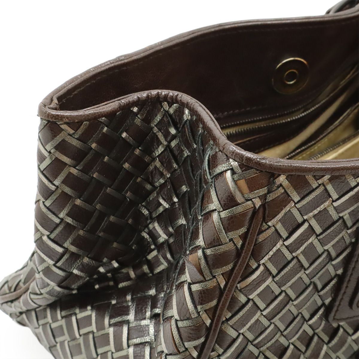 Bottega Veneta Intrecciato Metallic Handbag Leather Dark Brown Silver — view 9