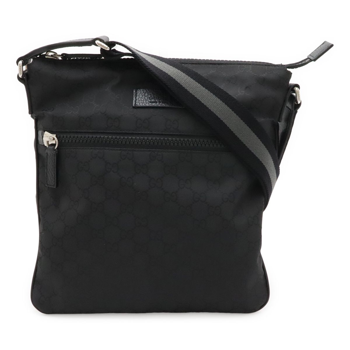 Gucci GG Nylon Shoulder Bag Crossbody Leather Black Gray Silver