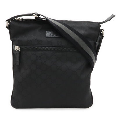Gucci GG Nylon Shoulder Bag Crossbody Leather Black Gray Silver