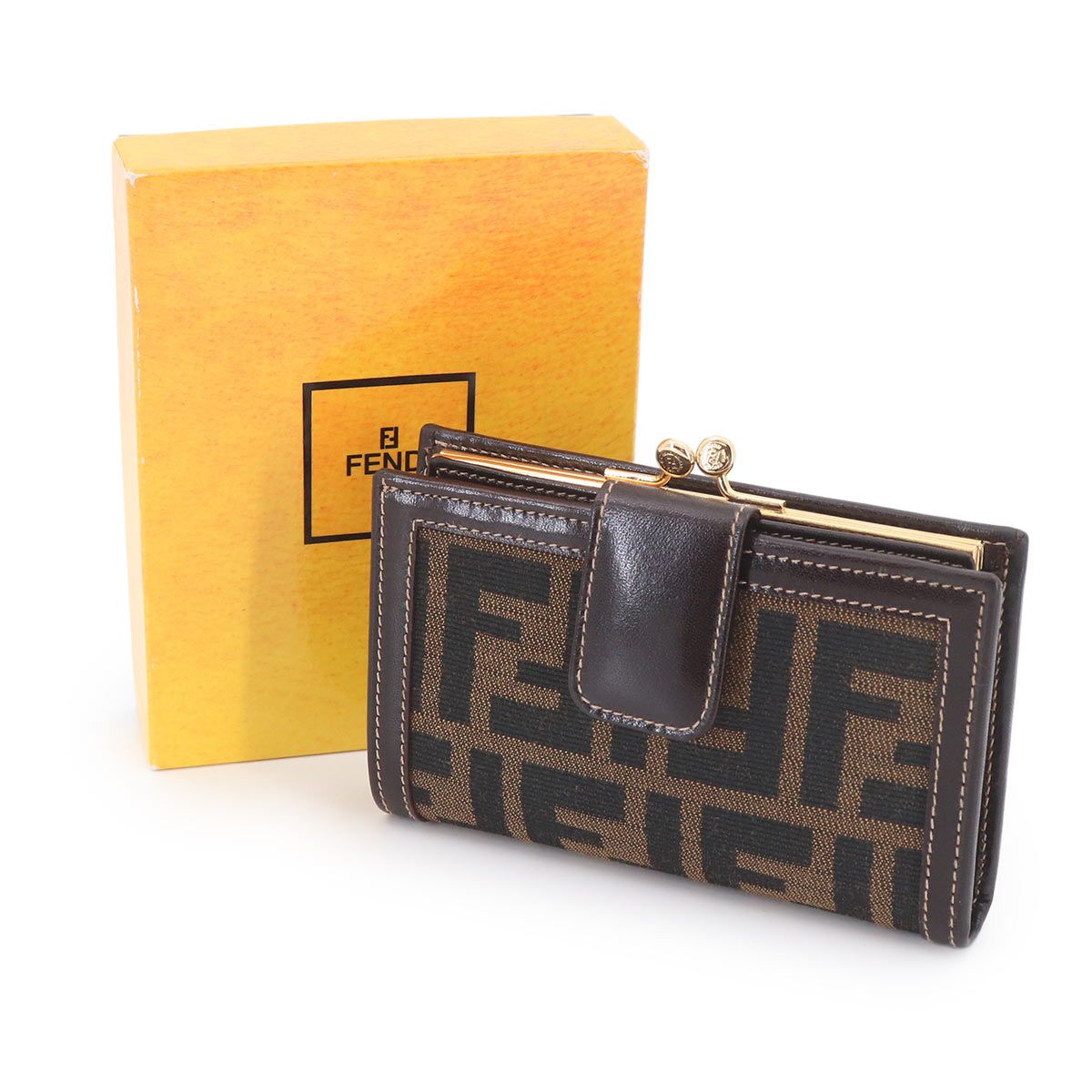 Fendi Zucca Kiss Lock Bifold Wallet Canvas Leather Brown Black 079 Gold — view 2