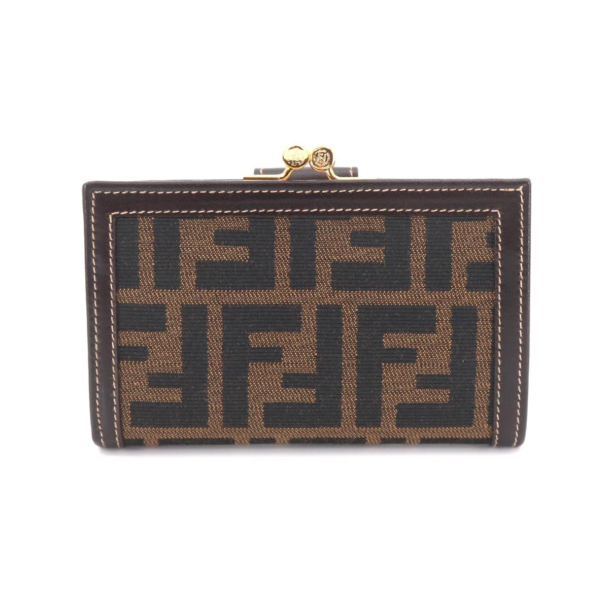 Fendi Zucca Kiss Lock Bifold Wallet Canvas Leather Brown Black 079 Gold — view 3