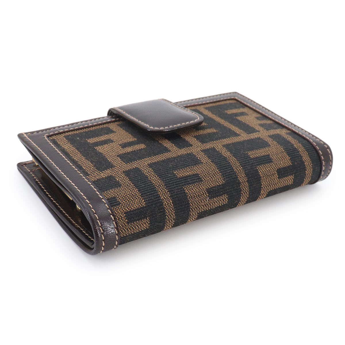 Fendi Zucca Kiss Lock Bifold Wallet Canvas Leather Brown Black 079 Gold — view 4