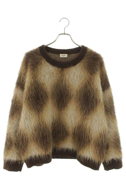 Celine Cropped Boxy Argyle Mohair Knit Sweater