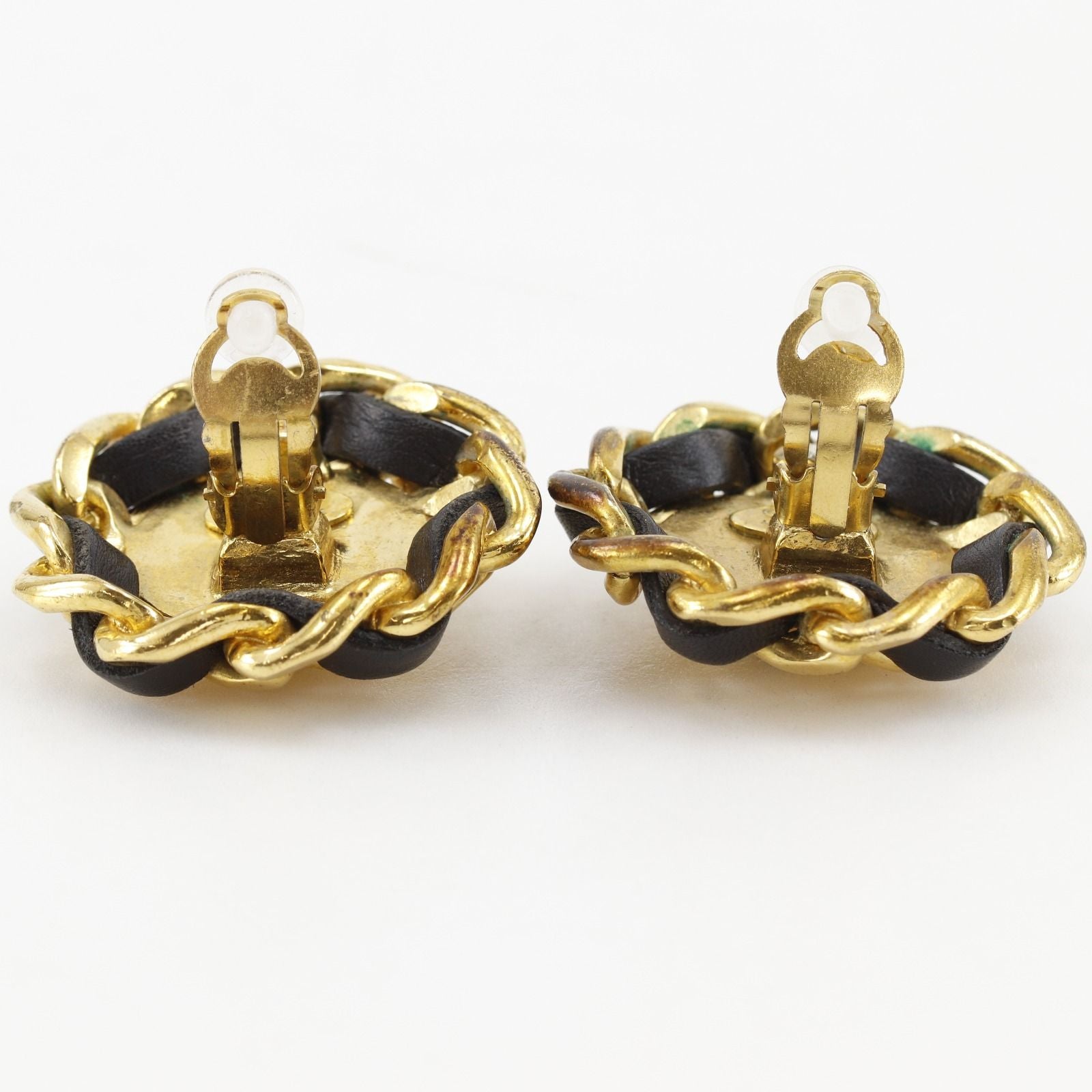 Chanel CC Logo Vintage Gold Plated Leather Earrings — view 4